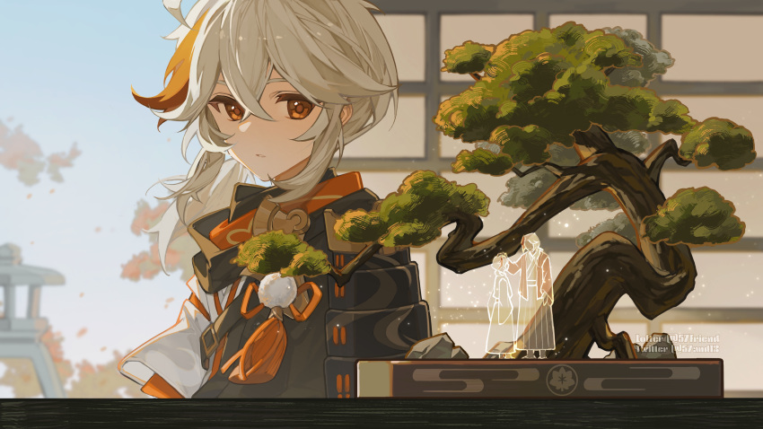 1boy, 57friend, absurdres, armor, bangs, bonsai, crossed_bangs, day