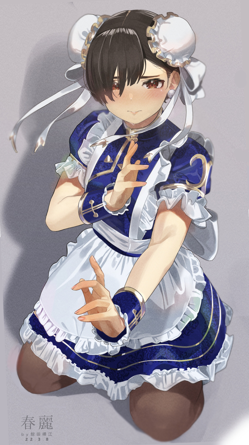 1girl, absurdres, alternate_costume, apron, black_pantyhose, blue_dress, blush, bracelet