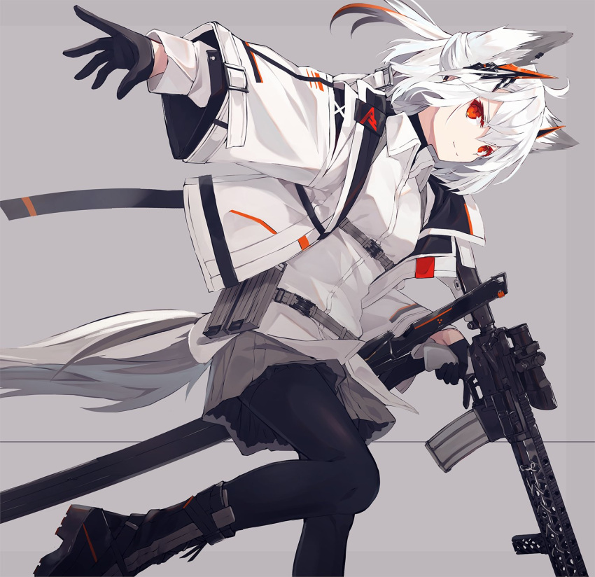 1girl, animal_ear_fluff, animal_ears, ar-15, bangs, black_footwear, black_gloves, black_pantyhose