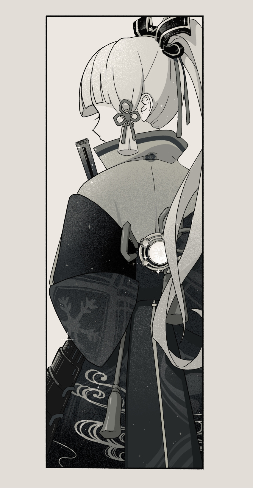 1girl, absurdres, armor, bangs, blunt_bangs, blunt_tresses, border, cowboy_shot