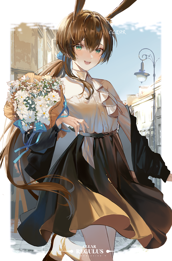 1girl, :d, alternate_costume, amiya_(arknights), animal_ears, arknights, artist_name, ascot