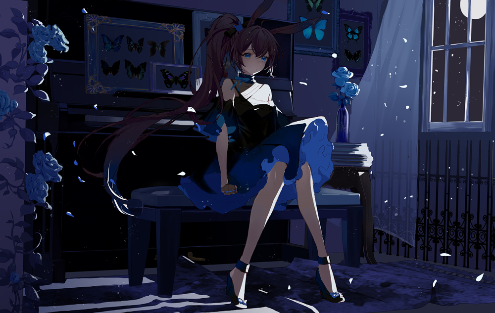 1girl, alternate_costume, amiya_(arknights), animal_ears, arknights, black_dress, blue_bow, blue_butterfly