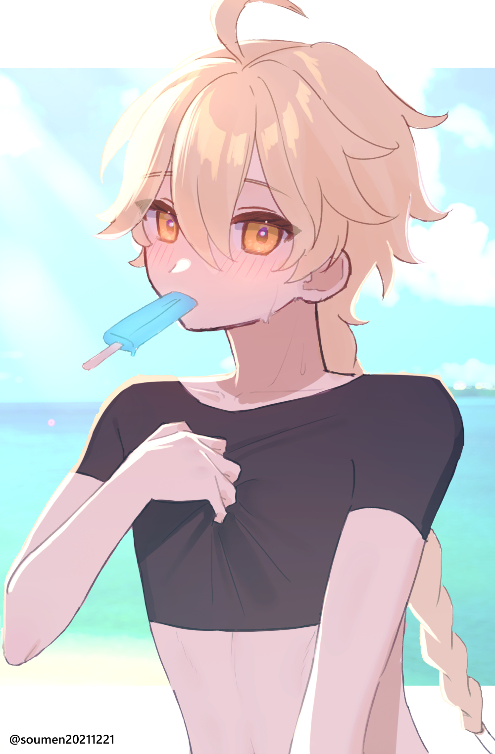1boy, aether_(genshin_impact), black_shirt, blonde_hair, blush, braid, crop_top, food