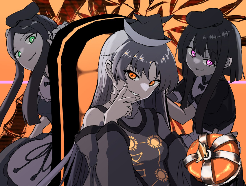 3girls, alternate_color, alternate_hair_color, apron, bamboo, bangs, black_bow, black_dress