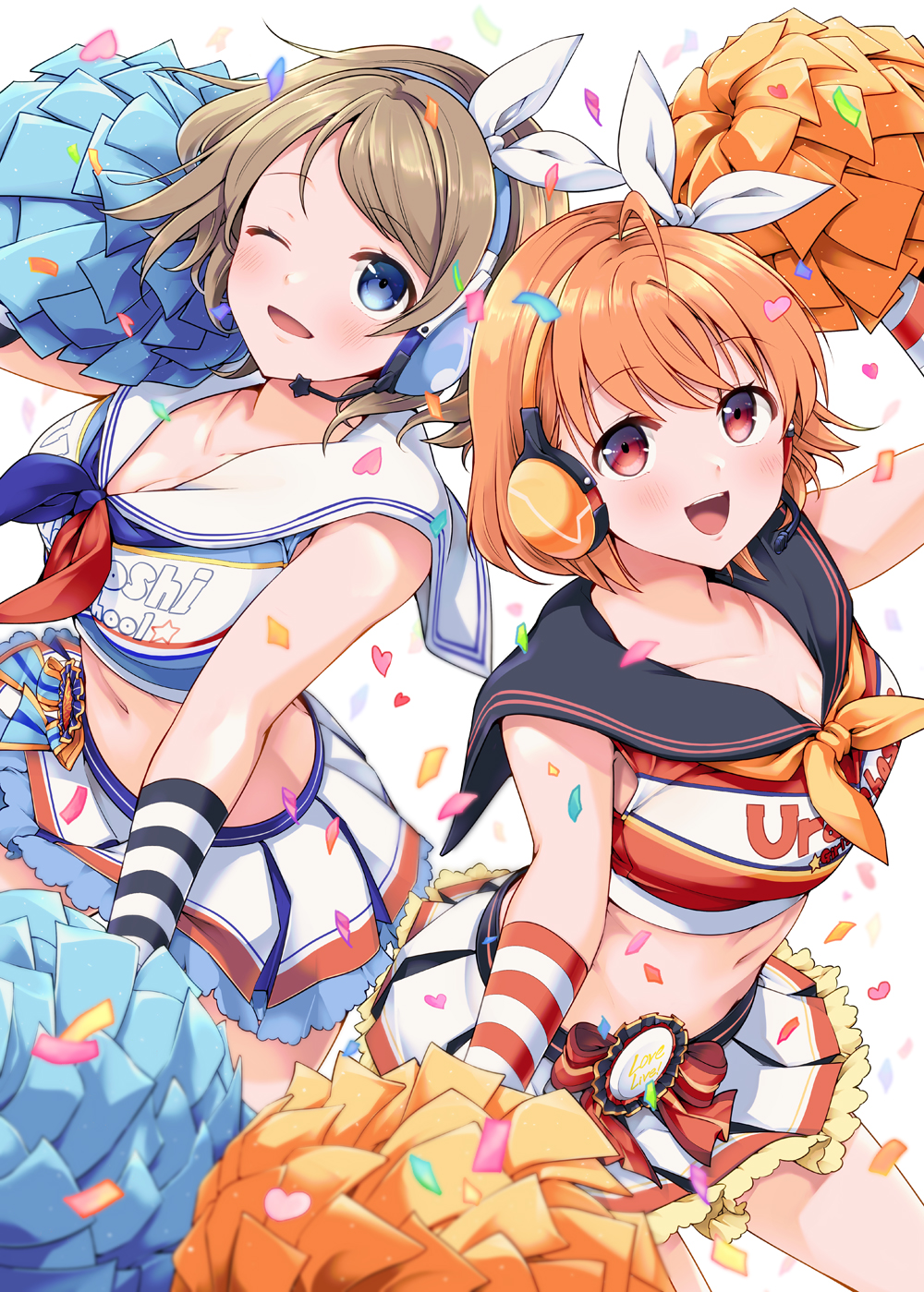 2girls, :d, ;d, ahoge, arm_up, black_sailor_collar, blue_neckerchief, blue_shirt