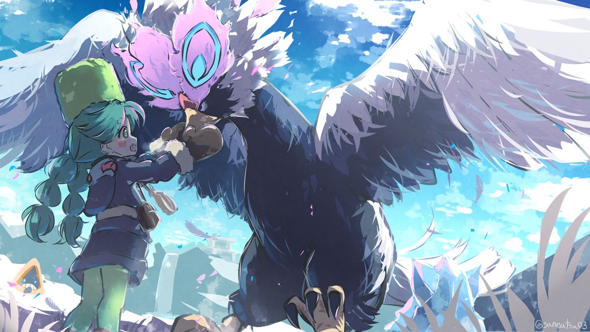 1girl, 3others, alabaster_icelands, bergmite, bird, blue_sky, blush, blush_stickers, canteen, clouds, diamond_clan_outfit, feathered_wings, feathers, flying, fur-trimmed_gloves, fur_hat, fur_trim, gloves, green_eyes, green_hair, green_headwear, green_leggings, hands_on_another's_face, hat, hisuian_braviary, leggings, mittens, mountain, mountainous_horizon, multiple_others, niwasane_(saneatsu03), pokemon, pokemon_(creature), pokemon_(game), pokemon_legends:_arceus, sabi_(pokemon), sky, snorunt, snow, spread_wings, talons, temple, twintails, twitter_username, water, waterfall, wings