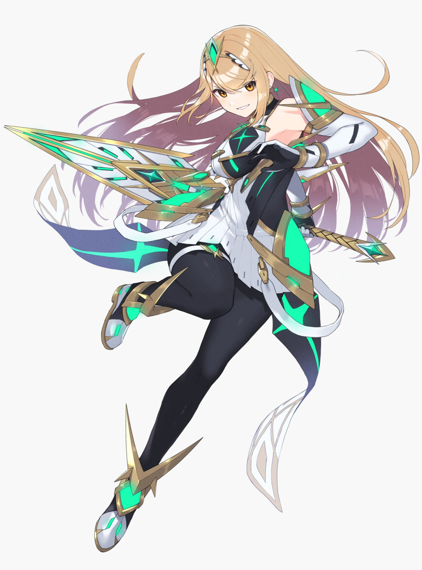 1girl, aegis_sword_(xenoblade), back-seamed_legwear, bangs, bare_shoulders, blonde_hair, breasts, dress