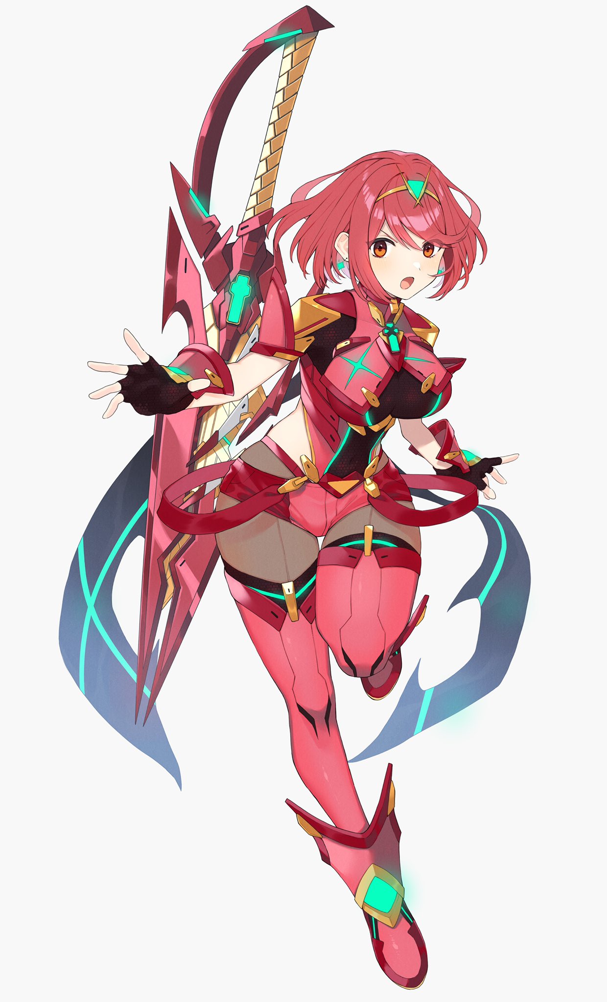 1girl, aegis_sword_(xenoblade), bangs, black_gloves, breasts, chest_jewel, earrings, fingerless_gloves, gem, gloves, headpiece, highres, jewelry, kinagi_(3307377), large_breasts, looking_at_viewer, pyra_(xenoblade), red_eyes, red_shorts, redhead, short_hair, short_shorts, shorts, solo, swept_bangs, sword, thigh-highs, tiara, weapon, xenoblade_chronicles_(series), xenoblade_chronicles_2
