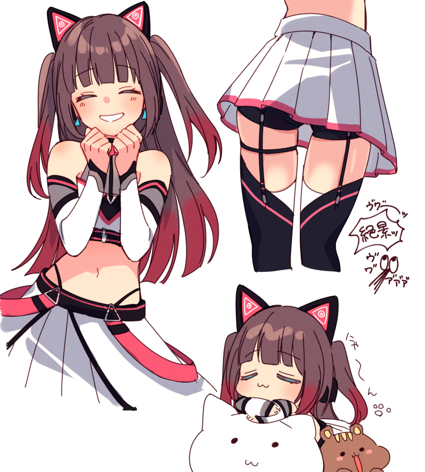 1girl, :3, bangs, bare_shoulders, belt, black_belt, black_shorts, black_thighhighs, blunt_bangs, blush, brown_hair, cat_ear_headphones, chest_belt, chibi, clenched_hands, closed_eyes, collar, cowboy_shot, crop_top, detached_sleeves, earrings, from_behind, garter_straps, head_rest, headphones, highleg, highleg_panties, highres, hololive, jewelry, long_hair, lower_body, matsurisu, midriff, multicolored_hair, multiple_views, natsuiro_matsuri, nitumaruta, official_alternate_costume, open_mouth, panties, panty_straps, pleated_skirt, redhead, shorts, skindentation, skirt, skirt_set, sleeping, sleeveless, smile, solo, thigh-highs, thigh_strap, triangle_earrings, two-tone_hair, two_side_up, underbust, underwear, upskirt, virtual_youtuber, white_skirt, white_sleeves