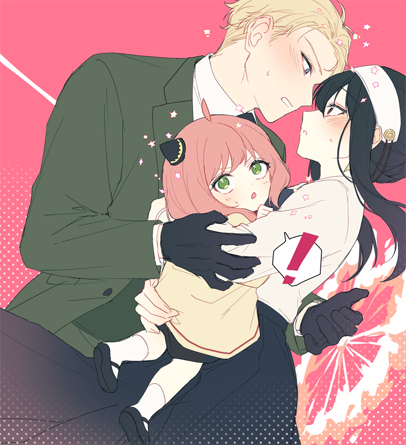 !, 1boy, 2girls, ahoge, anya_(spy_x_family), bangs, black_dress, black_hair, blonde_hair, blue_eyes, blush, brown_jacket, dress, eye_contact, green_eyes, hair_between_eyes, hairband, jacket, long_hair, looking_at_another, multiple_girls, pink_background, pink_hair, polka_dot, profile, red_eyes, silltare, spoken_exclamation_mark, spy_x_family, twilight_(spy_x_family), white_dress, white_hairband, white_jacket, yor_briar