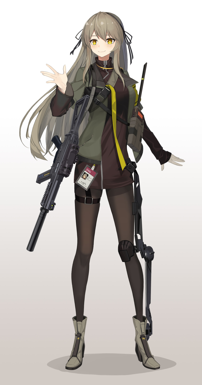 1girl, absurdres, black_pantyhose, black_shirt, black_skirt, boots, dlarudgml21, exoskeleton