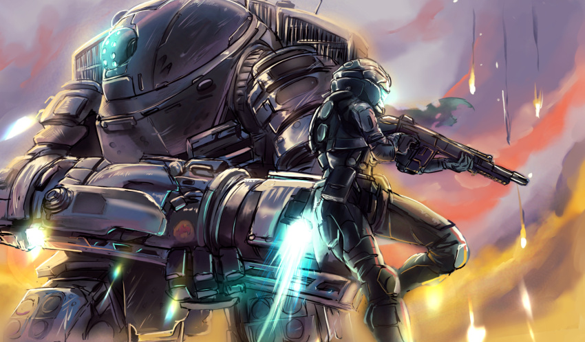 1girl, airborne, assault_rifle, clouds, commentary, erootiroo, fire, glowing, glowing_eyes, gun, helmet, highres, holding, holding_gun, holding_weapon, korean_commentary, mecha, pilot_(titanfall_2), pilot_suit, r-201_soar, rifle, robot, science_fiction, scorch_(titanfall_2), sky, titan_(titanfall), titanfall_(series), titanfall_2, weapon