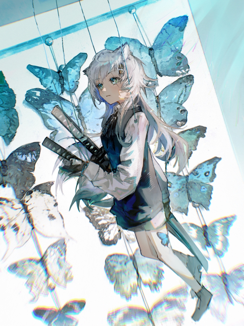 1girl, abulb, animal, animal_ears, arknights, bangs, black_footwear, black_gloves