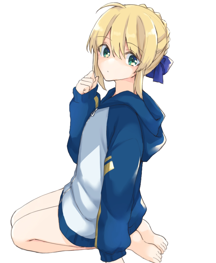 1girl, ahoge, alternate_costume, artoria_pendragon_(fate), blonde_hair, blue_hoodie, blue_ribbon, fate/grand_order