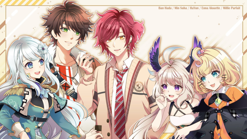 2boys, 3girls, aqua_capelet, aqua_jacket, ban_hada, black_bow, black_jacket, blonde_hair