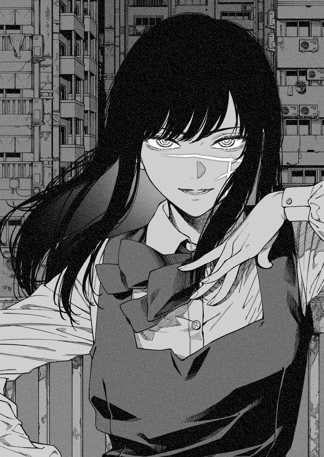 1girl, bangs, bow, bowtie, building, chainsaw_man, collared_shirt, greyscale
