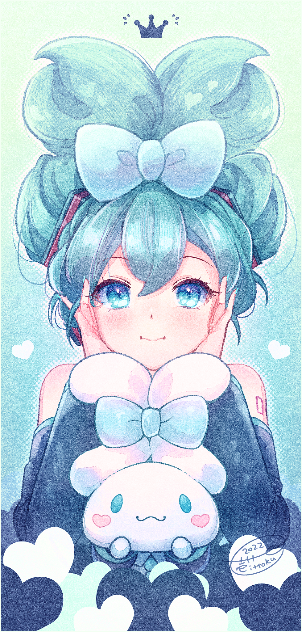 1girl, bare_shoulders, black_sleeves, blue_bow, blue_eyes, blue_necktie, blush, bow, cinnamiku, cinnamoroll, closed_mouth, collared_shirt, commentary_request, cosplay, crossover, detached_sleeves, green_hair, grey_shirt, hair_bow, hands_up, hatsune_miku, hatsune_miku_(cosplay), highres, ittokyu, long_sleeves, necktie, puffy_long_sleeves, puffy_sleeves, sanrio, shirt, smile, upper_body, vocaloid