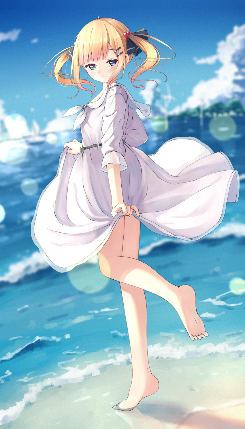 1girl, bangs, barefoot, black_ribbon, blonde_hair, blue_eyes, blush, closed_mouth, commentary_request, dress, enuni, hair_bobbles, hair_ornament, hair_ribbon, hairclip, highres, horizon, hoshino_sora_(enuni), long_hair, long_sleeves, ocean, original, ribbon, smile, soles, solo, standing, standing_on_one_leg, tiptoes, twintails, water, white_dress