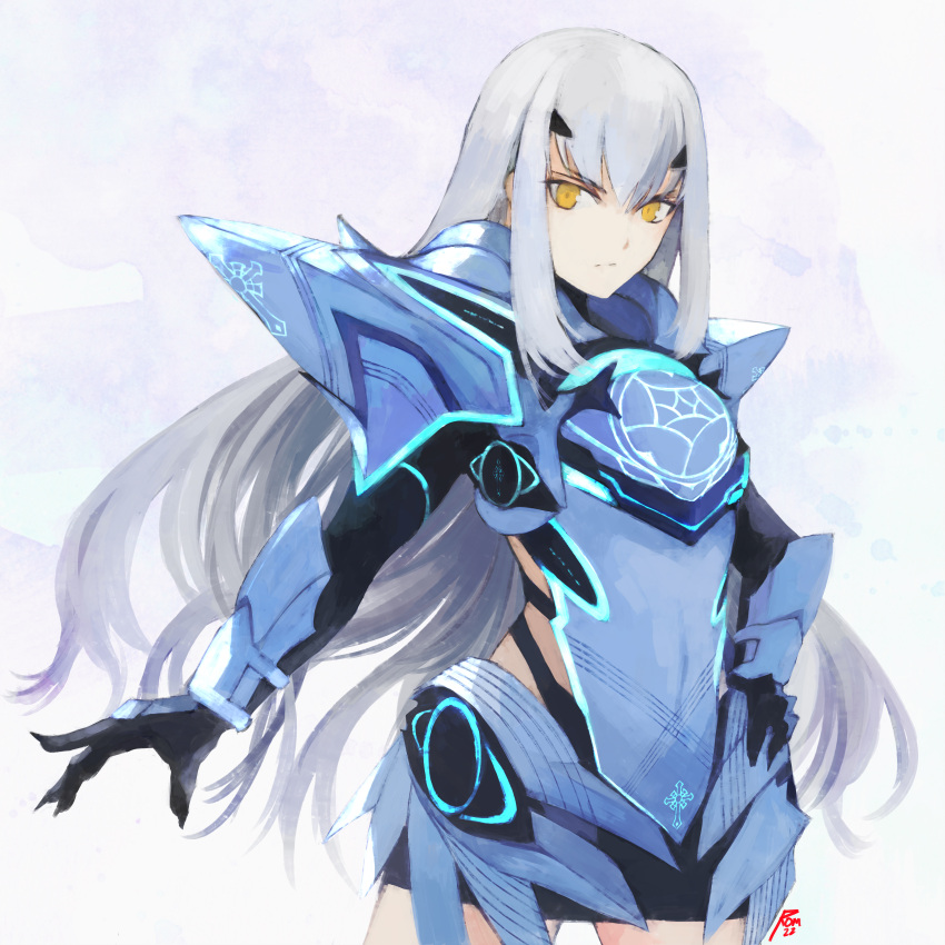 1girl, absurdres, armor, fairy_knight_lancelot_(fate), fairy_knight_lancelot_(first_ascension)_(fate), fate/grand_order, fate_(series), highres, long_hair, looking_at_viewer, moedredd, signature, solo, upper_body, white_background, white_hair, yellow_eyes