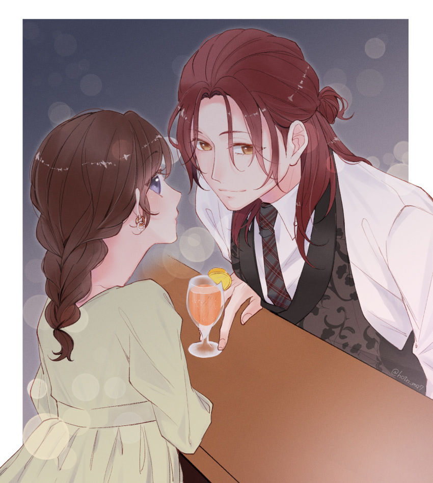 1boy, 1girl, black_vest, braid, brown_eyes, brown_hair, counter, cup
