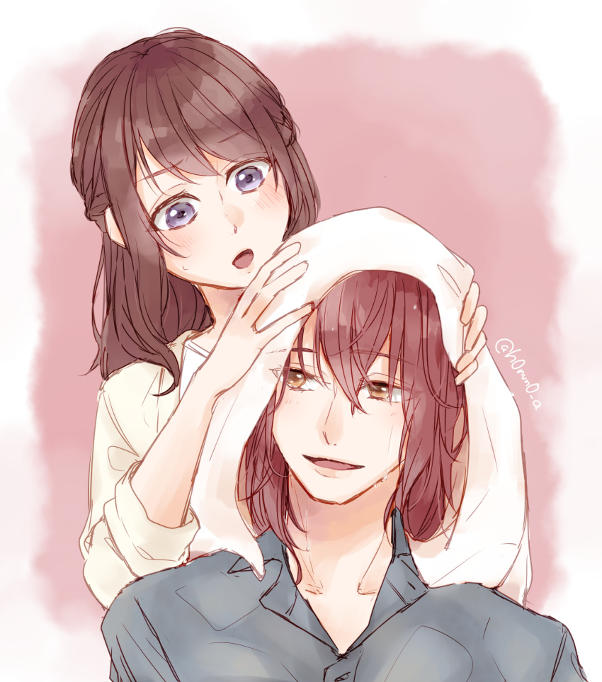 1boy, 1girl, :o, artist_name, braid, brown_background, brown_eyes, brown_hair