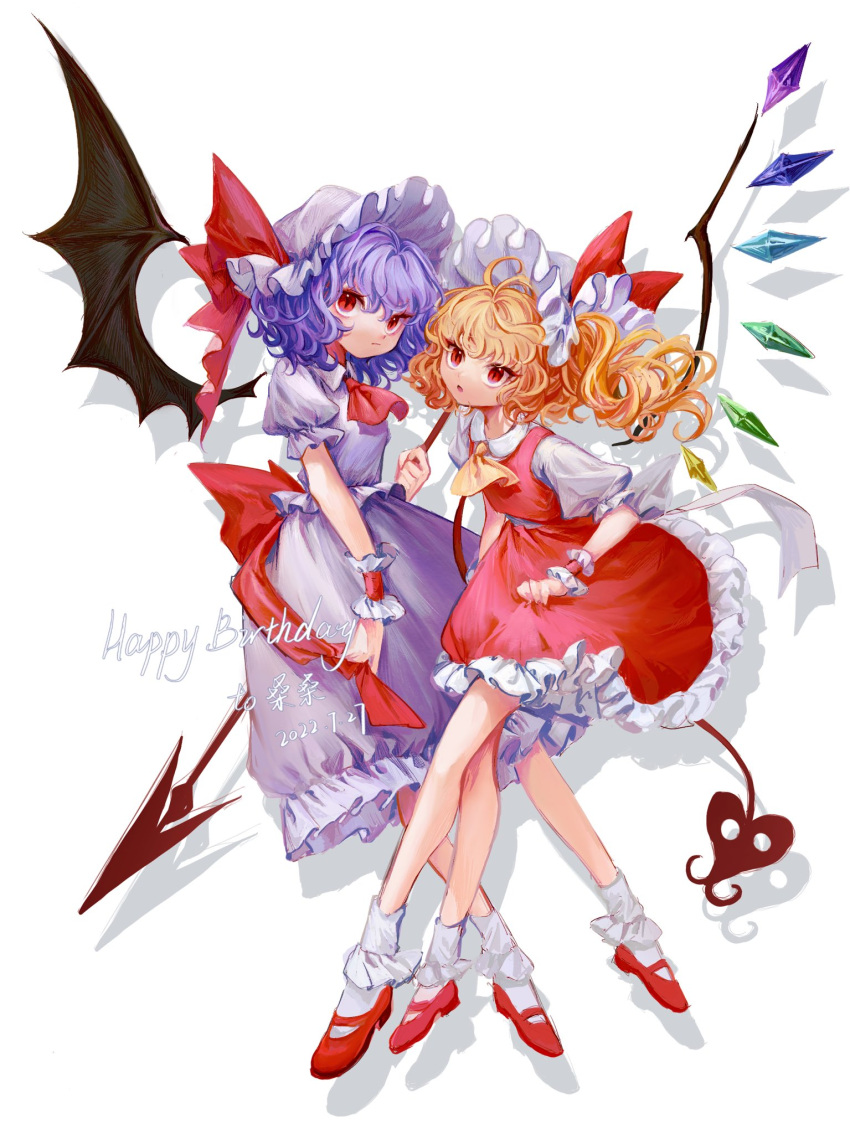2girls, 80isiiii, ascot, bat_wings, blonde_hair, bobby_socks, crystal, flandre_scarlet