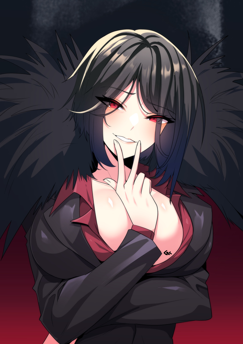 1girl, absurdres, artist_name, black_hair, black_suit, breasts, close-up, crossed_arms