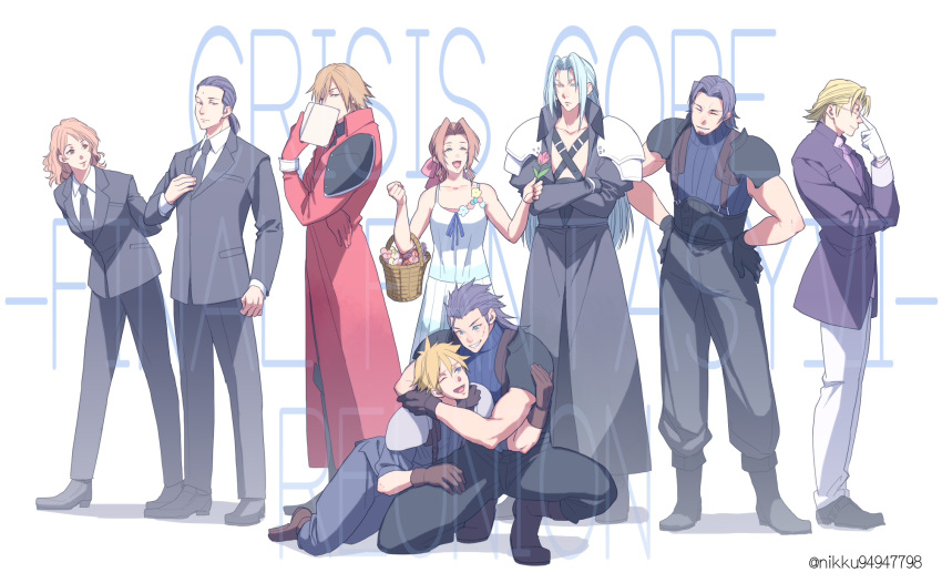 2girls, 6+boys, adjusting_clothes, adjusting_headwear, aerith_gainsborough, angeal_hewley, aqua_eyes, armor