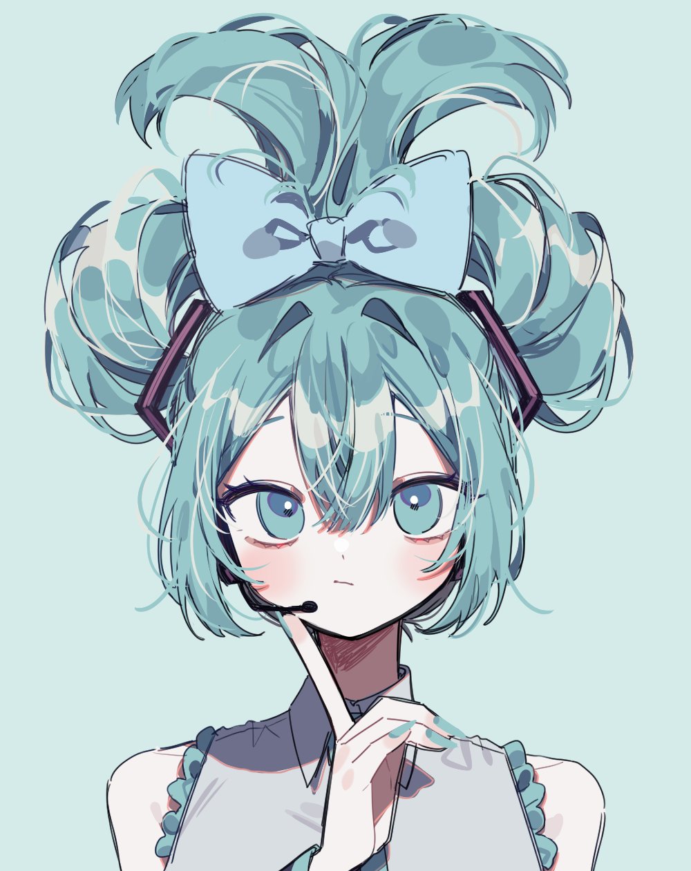 1girl, 3j_dangan, aqua_eyes, aqua_hair, aqua_necktie, bare_shoulders, blue_background, blue_bow, blue_nails, bow, cinnamiku, double_bun, finger_to_face, hair_bow, hair_bun, hatsune_miku, headset, highres, looking_up, microphone, nail, necktie, number_tattoo, open_mouth, sleeveless, solo, tattoo, updo, vocaloid