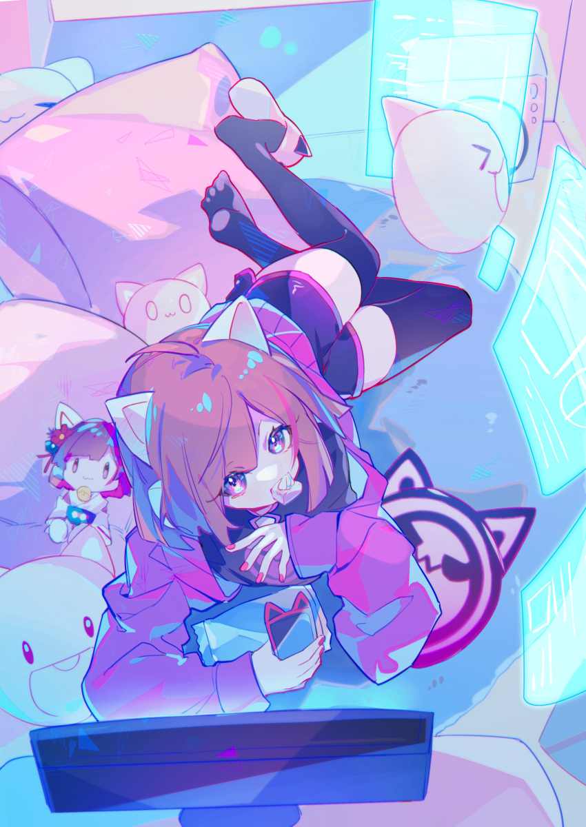 1girl, absurdres, animal_ears, asakura_neko, bangs, black_shorts, black_thighhighs, burou_(muse_dash), cat_ears, cat_pillow, cellphone, character_doll, chinese_commentary, commentary_request, cytus_ii, food, food_in_mouth, highres, holding, holding_phone, holographic_monitor, indoors, jacket, long_sleeves, looking_at_viewer, lying, medium_hair, monitor, mouth_hold, muse_dash, paw_print_soles, phone, pillow, pink_eyes, pink_hair, pink_jacket, pink_nails, shorts, solo, thigh-highs, yusa_(yusa0751)