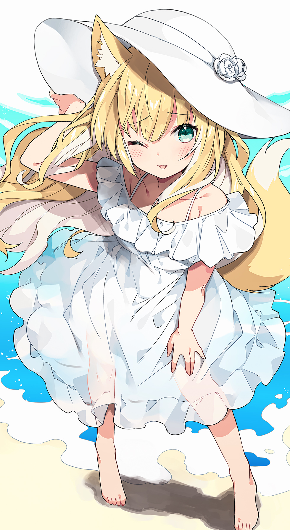 1girl, :3, animal_ear_fluff, animal_ears, bangs, barefoot, beach, blonde_hair, blush, collarbone, colored_inner_hair, dress, flower, fox_ears, fox_girl, fox_tail, fuwafuwa-chan_(kamiyoshi_rika), green_eyes, hand_on_own_knee, hat, hat_flower, highres, holding, holding_clothes, holding_hat, kamiyoshi_rika, long_hair, looking_at_viewer, multicolored_hair, ocean, off-shoulder_dress, off_shoulder, one_eye_closed, open_mouth, original, outdoors, see-through_silhouette, smile, solo, sun_hat, sundress, tail, white_dress, white_hair