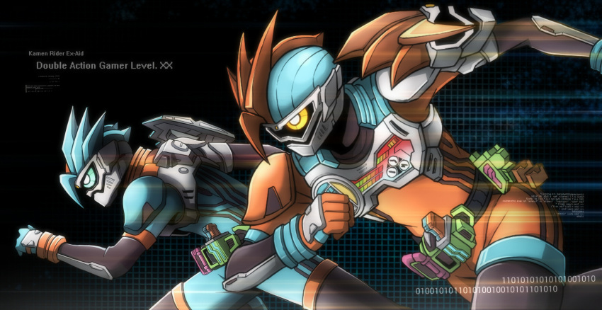 2boys, aqua_eyes, aqua_gloves, aqua_hair, armor, asumakobayashi, black_bodysuit, bodysuit