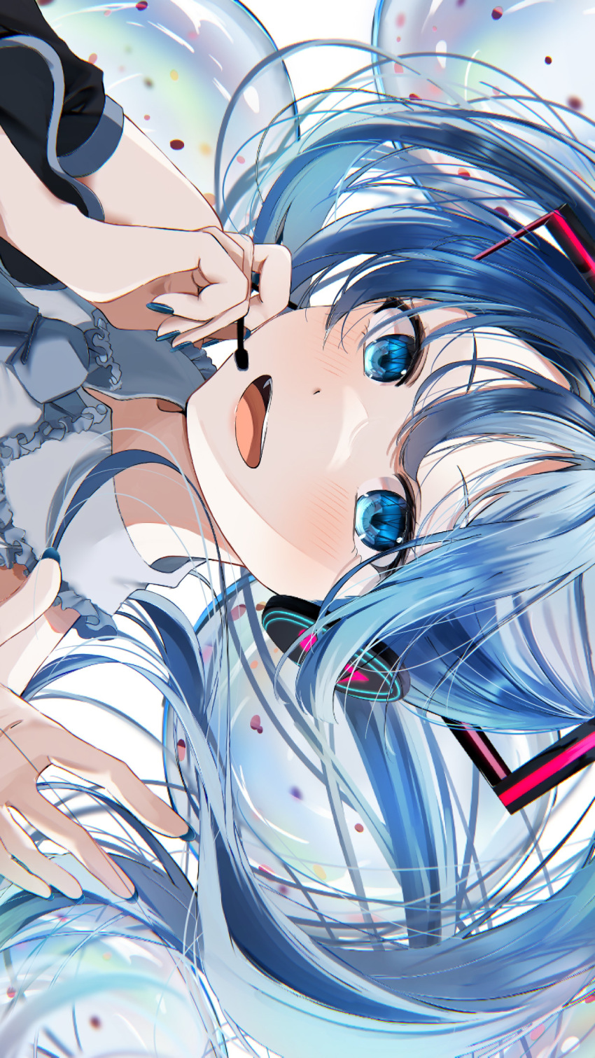 1girl, bangs, black_sleeves, blue_eyes, blue_hair, blue_nails, blue_necktie, bubble, collared_shirt, detached_sleeves, grey_shirt, hatsune_miku, headset, highres, holding_headgear, light_blush, long_hair, necktie, shirt, simple_background, smile, solo, upper_body, vocaloid, waving, white_background, yura_458