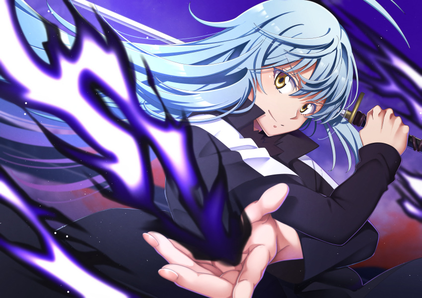 1other, absurdres, androgynous, bangs, black_jacket, blue_hair, closed_mouth, crossed_arms