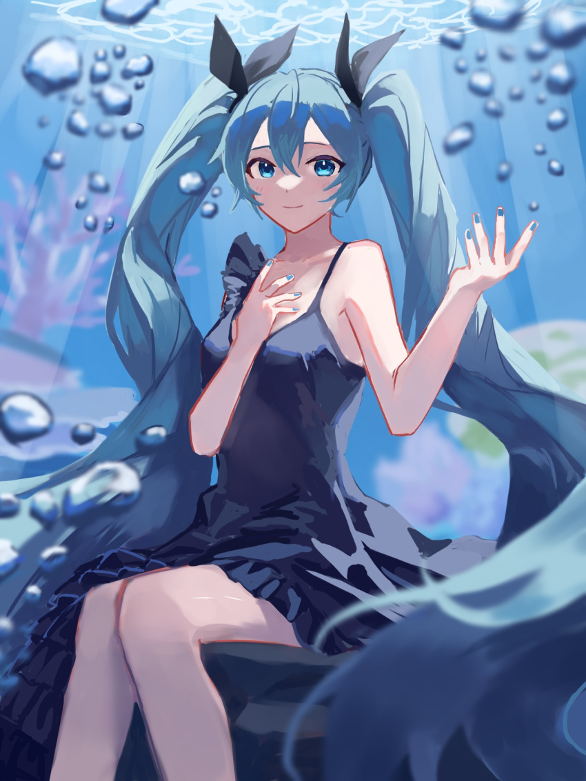 1girl, 6o2_(rokumaruni), bangs, bare_arms, black_bow, blue_eyes, blue_hair, blue_nails, blurry, blurry_foreground, bow, bubble, closed_mouth, collarbone, dress, floating_hair, grey_dress, hair_between_eyes, hair_bow, hatsune_miku, highres, long_hair, looking_at_viewer, nail_polish, shinkai_shoujo_(vocaloid), short_dress, sitting, sleeveless, sleeveless_dress, smile, solo, twintails, very_long_hair, vocaloid