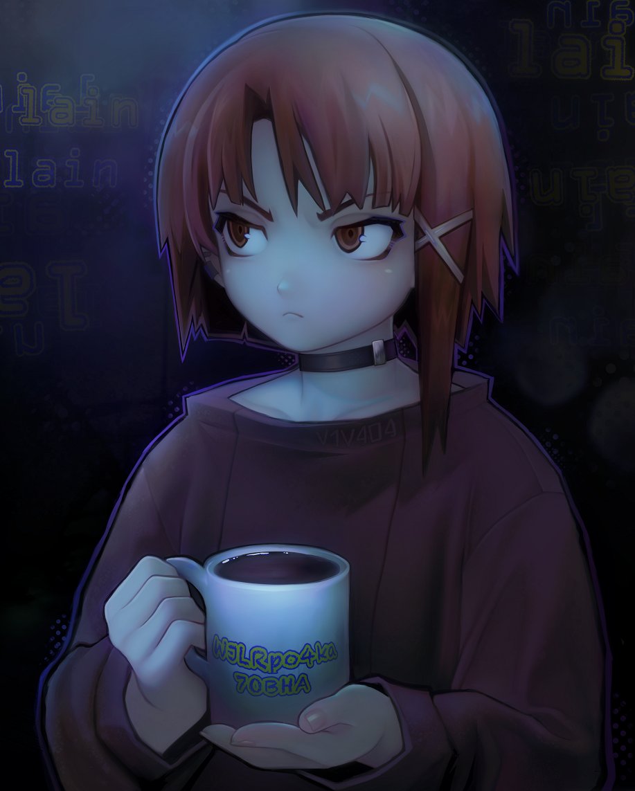 1girl, @_@, asymmetrical_hair, bangs, black_choker, brown_eyes, brown_hair, character_name