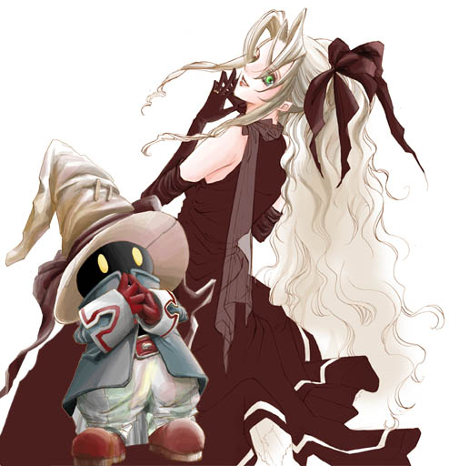 1boy, 1girl, aerith_gainsborough, baggy_pants, bangs, black_mage, blue_coat, breasts