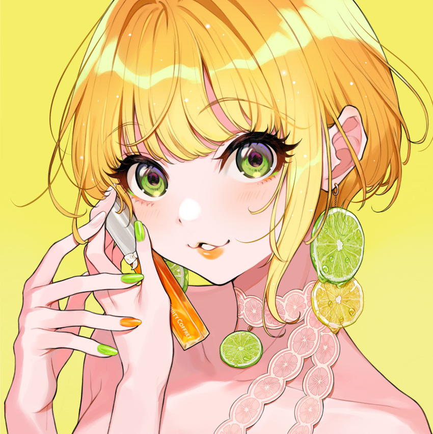 1girl, absurdres, bangs, bare_shoulders, blonde_hair, collarbone, commentary, earrings