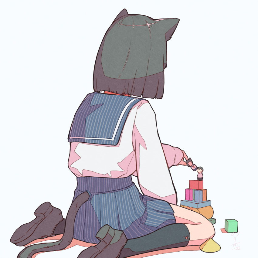 1girl, absurdres, animal_ears, black_footwear, black_hair, black_socks, black_tail, blue_sailor_collar