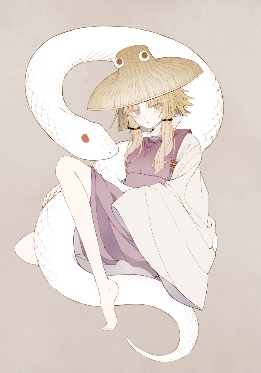 1girl, absurdres, barefoot, blonde_hair, brown_headwear, closed_mouth, commentary, full_body