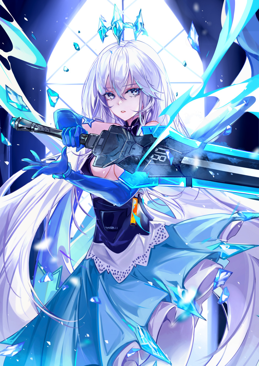 1girl, absurdres, arm_up, bangs, bare_shoulders, black_dress, blue_dress, blue_eyes