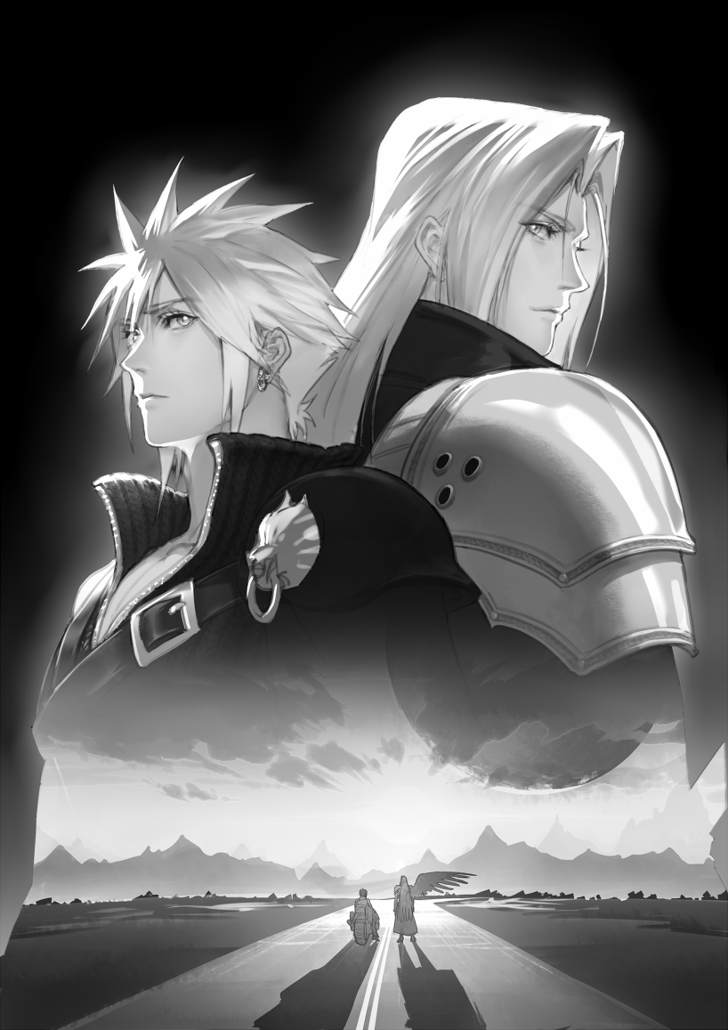 2boys, armor, back-to-back, bangs, black_background, black_jacket, black_shirt, cloud_strife