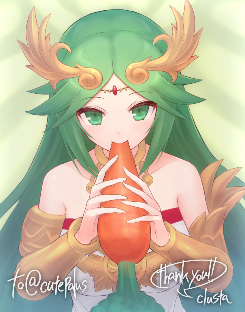 1girl, artist_signature, bare_shoulders, carrot, commissioner_upload, eating, female_solo, green_eyes