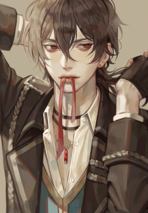 1boy, arm_up, bishounen, black_choker, black_coat, black_gloves, bright_pupils, brown_background