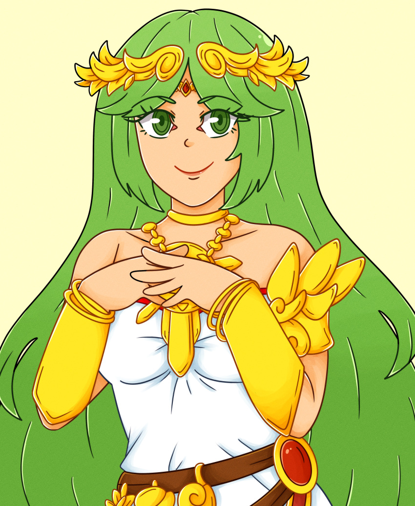 1girl, bare_shoulders, breasts, choker, commission, commissioner_upload, eyebrows_visible_through_hair, female_solo, green_eyes, green_hair, hands_together, long_hair, looking_at_viewer, mysticartes, necklace, palutena, parted_bangs, smile, solo, solo_female, strapless_dress, waist_up, white_dress