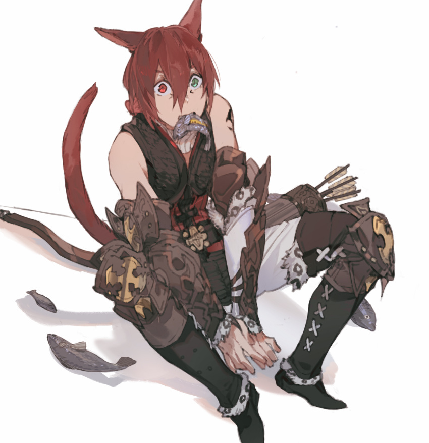 1boy, animal_ears, aqua_eyes, arm_guards, arrow_(projectile), bangs, black_footwear, black_pants