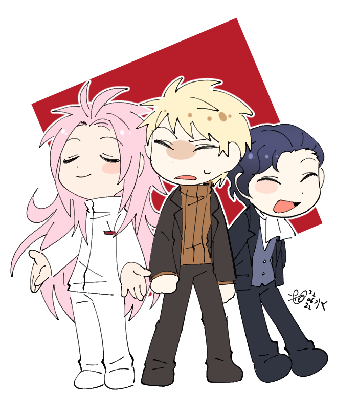 3boys, antenna_hair, ascot, atou_haruki, bangs, black_jacket, black_pants, blonde_hair