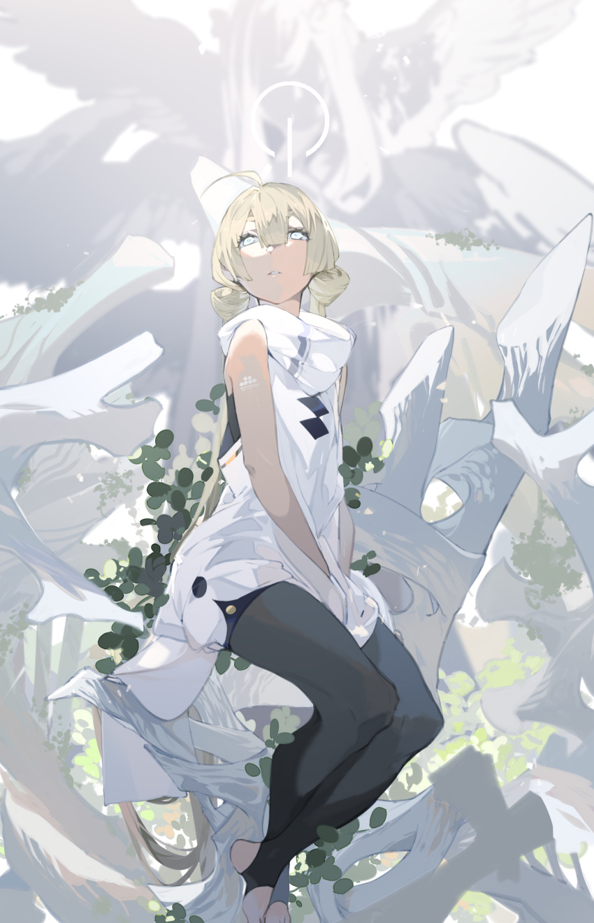 1girl, absurdres, ahoge, arm_tattoo, bangs, bare_shoulders, bare_tree, between_legs