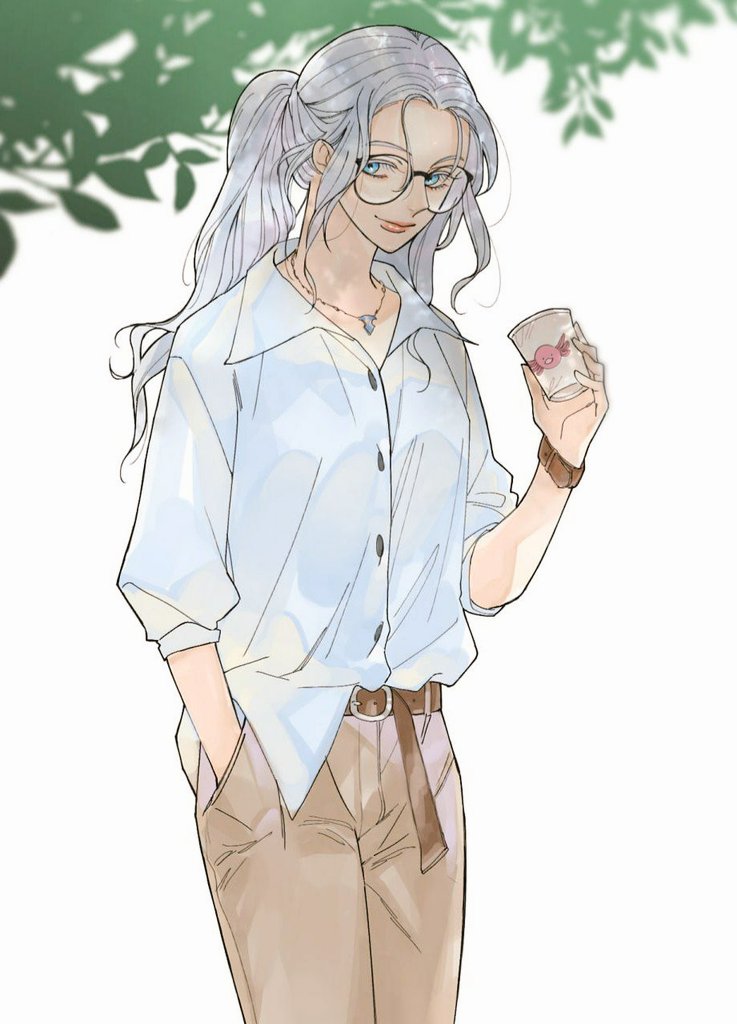 1girl, alternate_costume, alternate_hairstyle, axolotl_print, belt, belt_buckle, blue_eyes, brown_pants, buckle, buttons, commentary, contemporary, cowboy_shot, cup, dappled_sunlight, disposable_cup, ff14_dr_corpse, final_fantasy, final_fantasy_xiv, glasses, grey_hair, hand_in_pocket, hand_up, holding, holding_cup, jewelry, leaf, leather_belt, long_hair, looking_back, necklace, pants, ponytail, round_eyewear, shirt, simple_background, smile, solo, standing, sunlight, symbol-only_commentary, venat_(ff14), wavy_hair, white_background, white_shirt, wristband