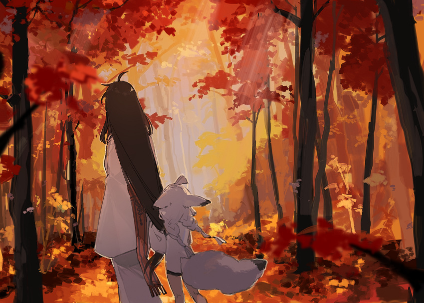 2girls, ahoge, animal_ears, autumn, black_hair, braid, child, clinging